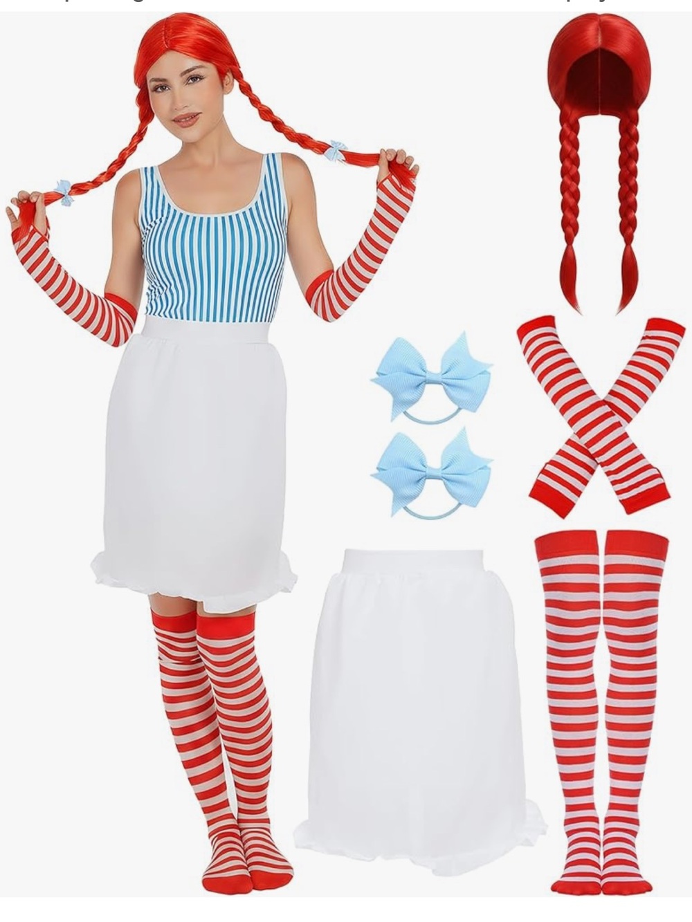 NWT Women’s Red Braided Pigtail Fast Food Costume Cosplay Halloween Outfit Set